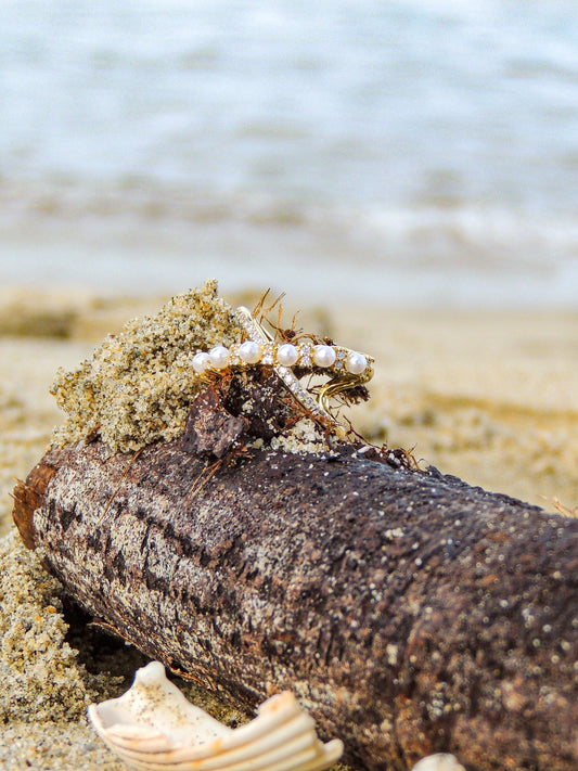 Anillo cruzado perlas ajustable baño de oro PUNTO JOYERIA