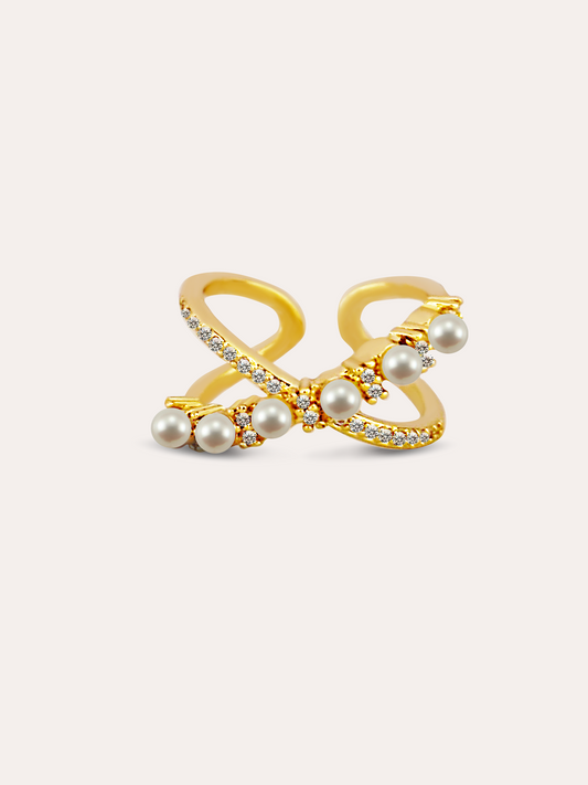 Anillo cruzado perlas ajustable baño de oro PUNTO JOYERIA
