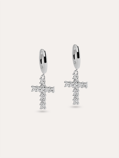 Aretes aro cruz pavé plata PUNTO JOYERIA