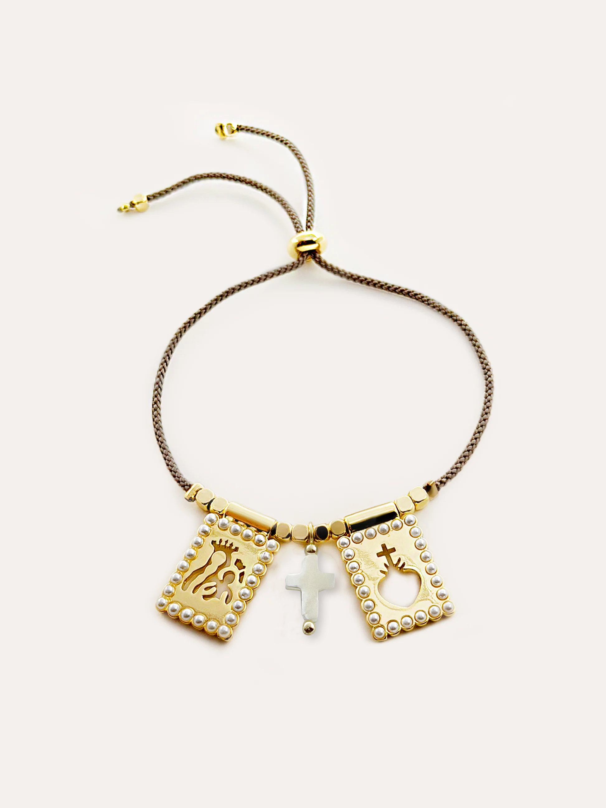 Pulsera ajustable motivos religiosos baño de oro e hilo PUNTO JOYERIA