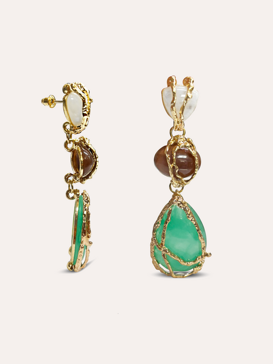 Aretes largos piedras naturales baño de oro PUNTO JOYERIA